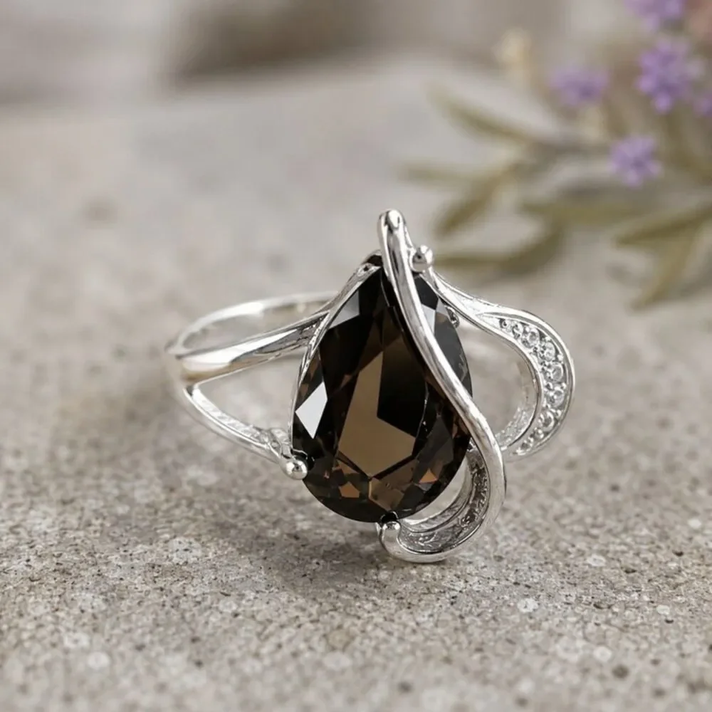 Silver Tone Pear Smoky Brown Cubic Zirconia Swirl Ring, Teardrop Statement Ring